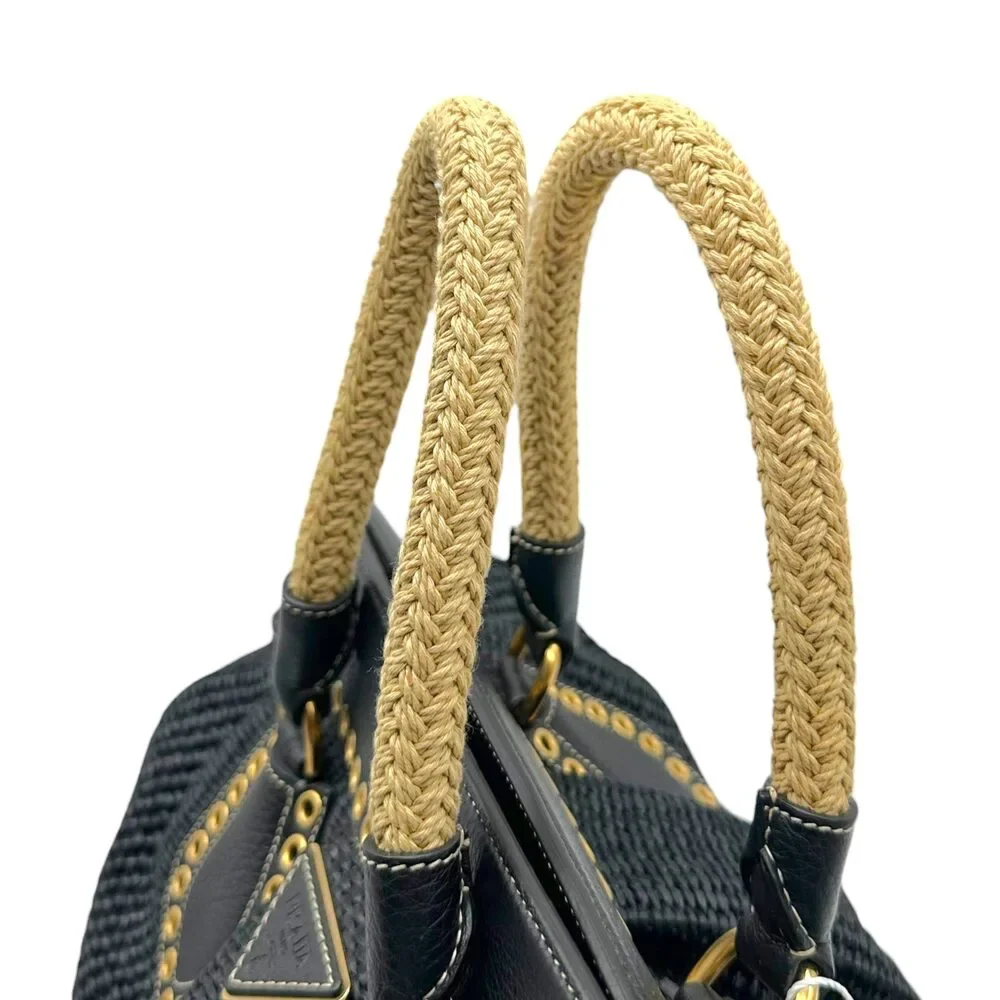 Prada Black Raffia Rivet Studded Doctors Handbag
